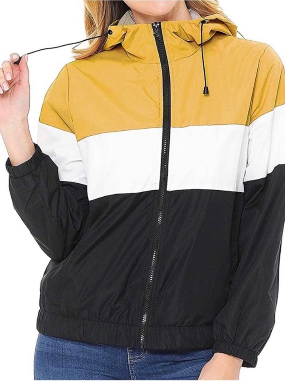Ambiance Mustard, White & Black Colorblock Hooded Bomber Jacket